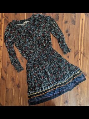 LOFT Black Floral Smocked Midi Dress with Striped Hem